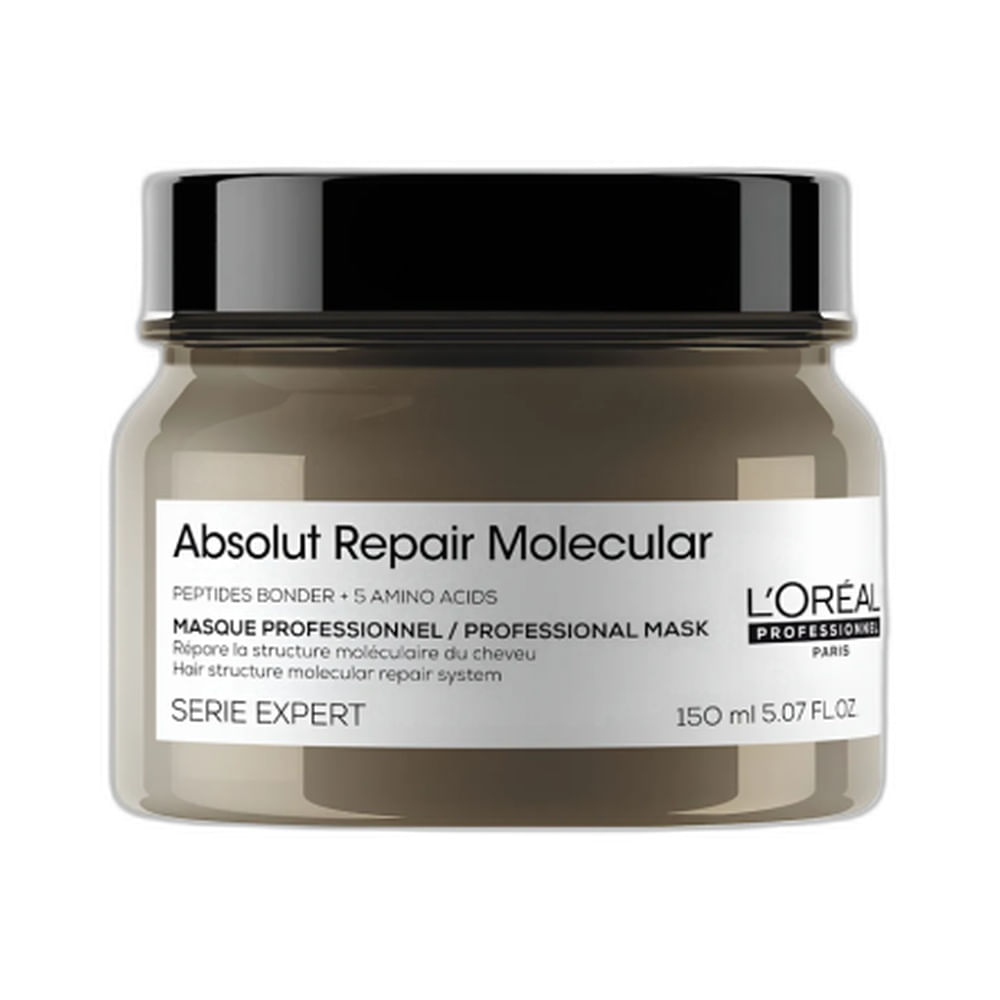 Máscara Capilar L'Oréal Professionnel Serie Expert Absolut Repair Molecular em pote translúcido bege com tampa preta